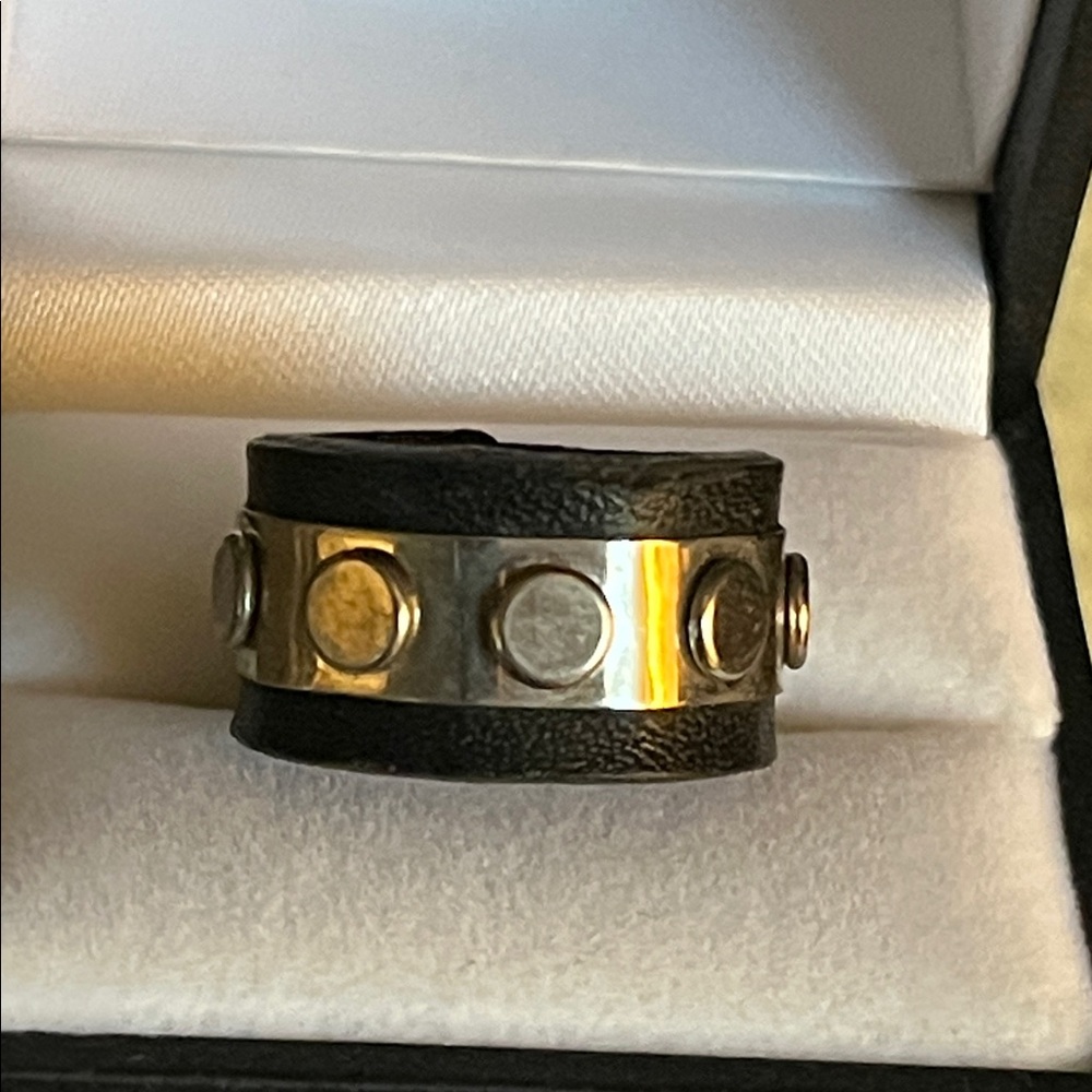 Artisan Black Leather Ring with Silver Stud Accents - Picture 7 of 14